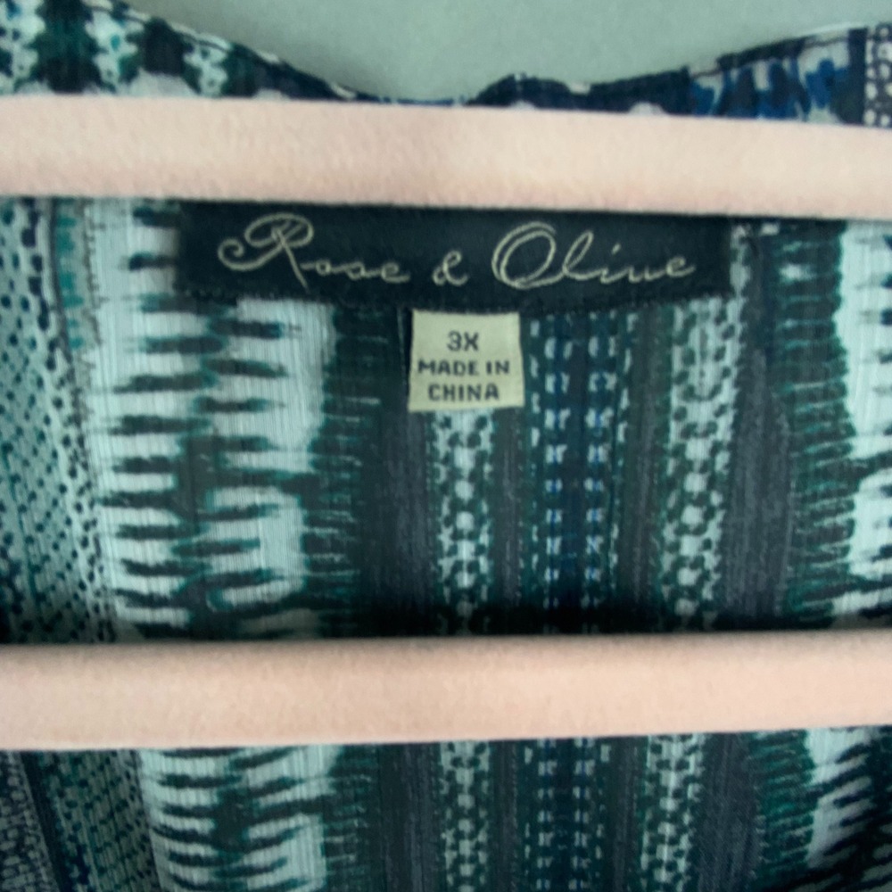 Rose & Olive Geometric Tribal Print Blouse Womens 3X Blue Green Flowy Boho Sheer - Picture 3 of 10